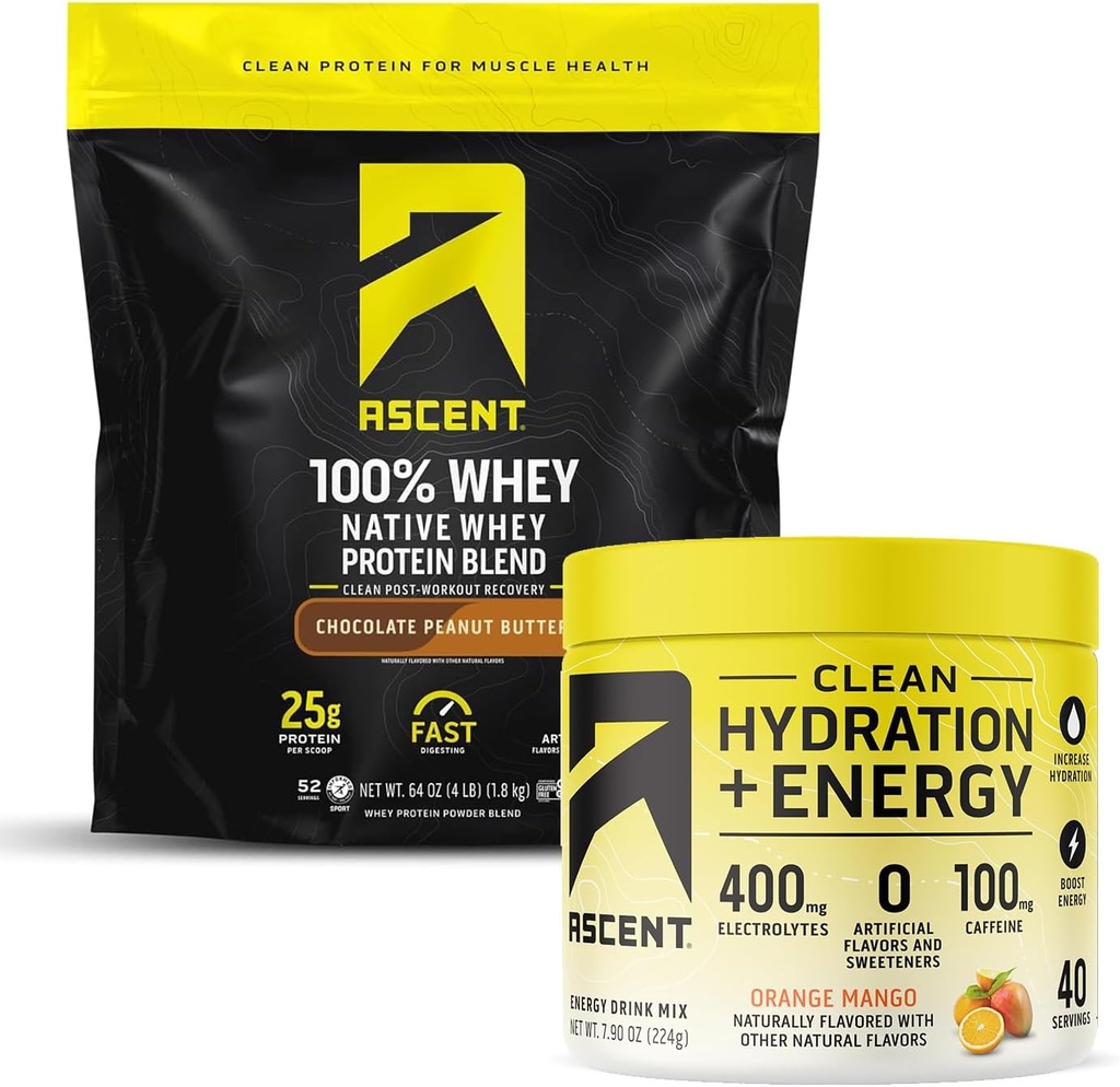 Ascendente 100% Whey Protein Powder, Chocolate Mango de maní mantequilla 4 lb & hidratación + electrolitos de energía, Orange Mango 40 Servimientos