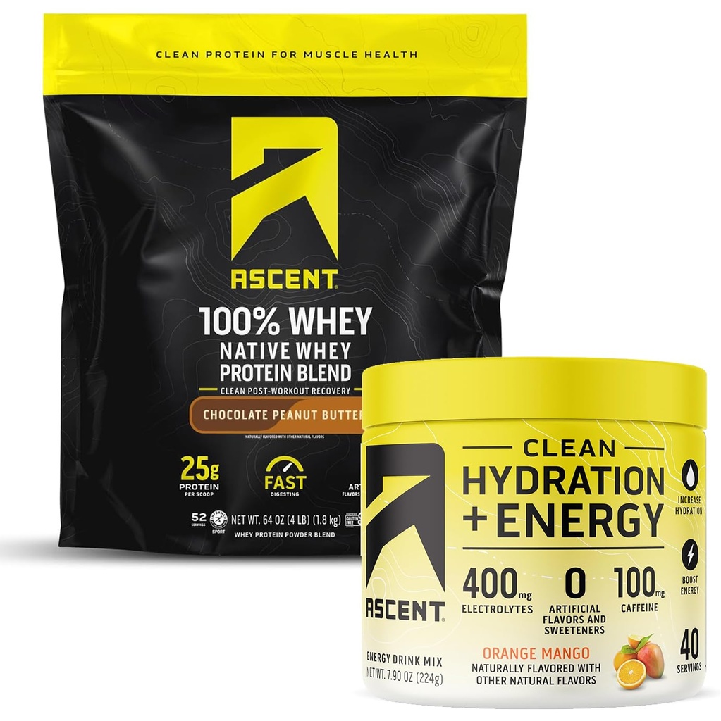 Ascent 100% Whey Protein Powder, Chocolate Peanut Butter 4 lb & Hydration + Energy Electrolytes, Orange Mango 40 Servings