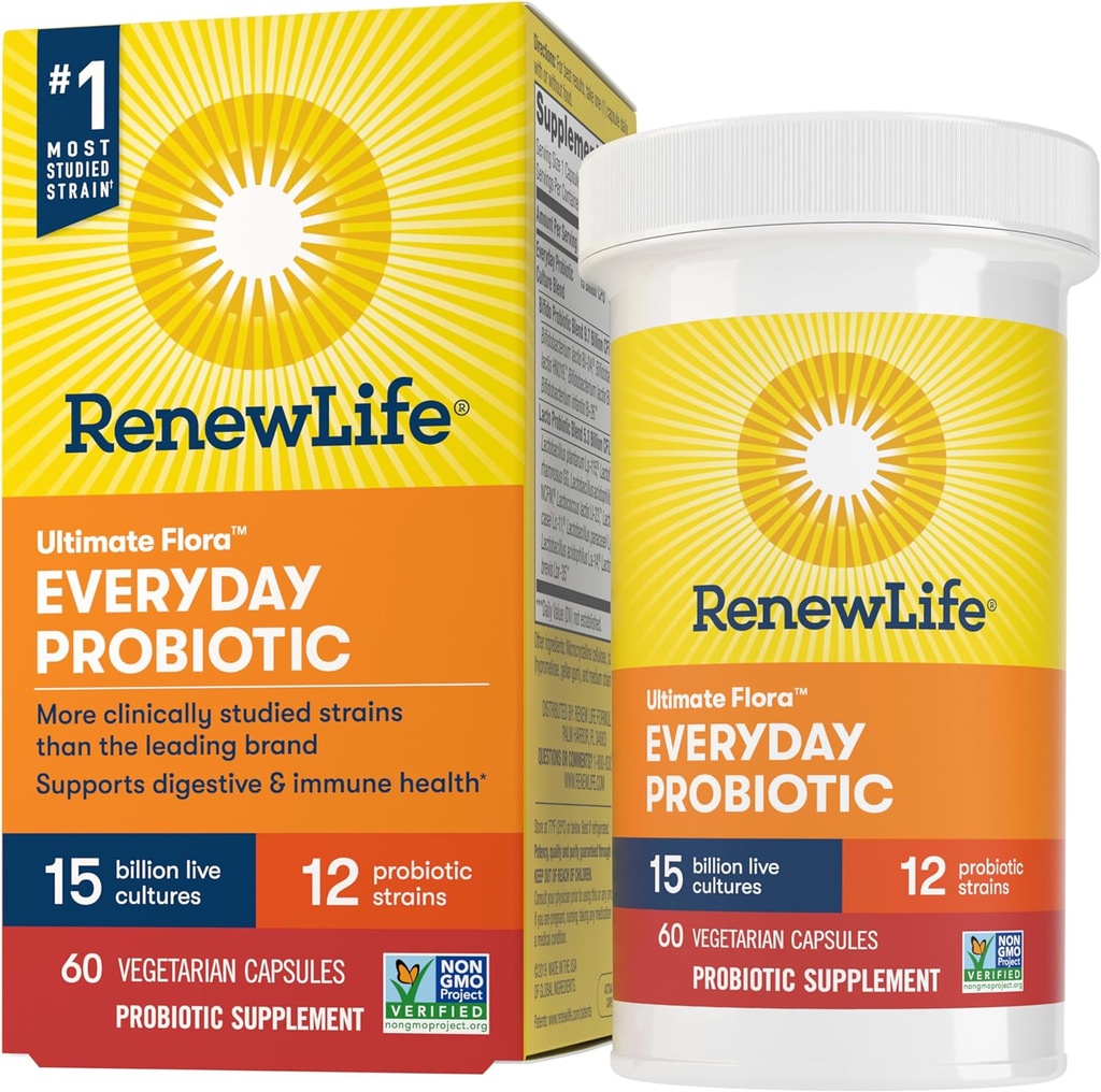 Renovar la vida Cada día Capsules probióticos, Suplemento diario apoya la salud urinaria, digestiva e inmunitaria, L. Rhamnosus GG, lácteos, soya y sin gluten, 15 billón CFU, 60 cuenta