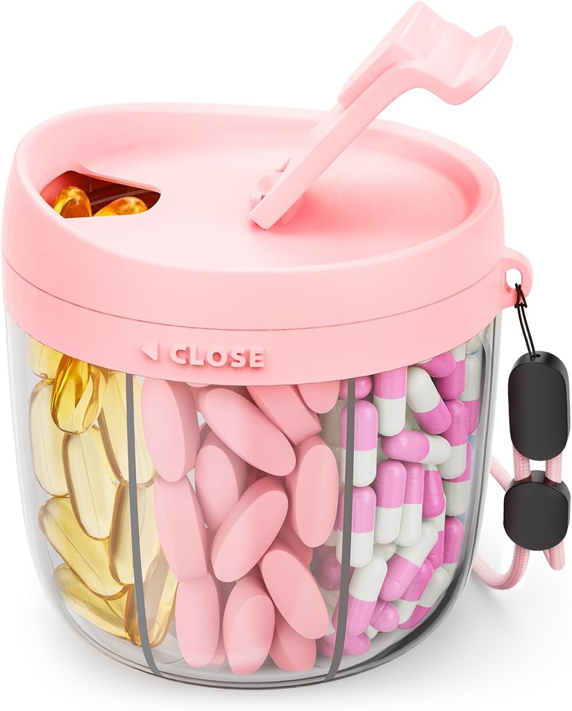 Dispensador lindo con 7 grandes componentes, organizador de botellas portátiles con apertura amplia para uso fácil, organizador de píldoras anti-mix para viajes, contenedor libre de BPA, rosa