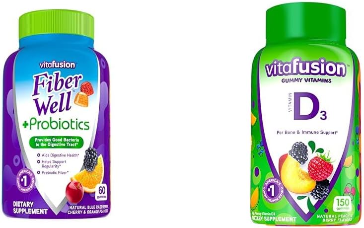 Vitafusion Fiber Well + Probiotics Gummies for Adults, 60 Cuenta Vitamina D3 Gummy Vitaminas, Peach, BlackBerry y Strawberry Flavored, 50 mcg Vitamin D, 150 Condes