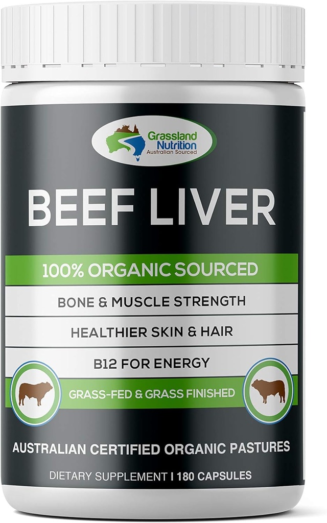 Grassland Nutrition Grass Fed Beef Liver 100% Organic Sourced — Natural B12 for Energy, Iron &amp; Vitamina A (180 cápsulas)