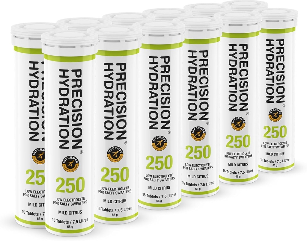 Precision Hydration Electrolyte Drink - Multi Strength Effervescent Hydration Tablets - Baja Calorie, Gluten Free, Vegan/Vegetarian Friendly (12 Tubes, 250mg/L - Green Tube)