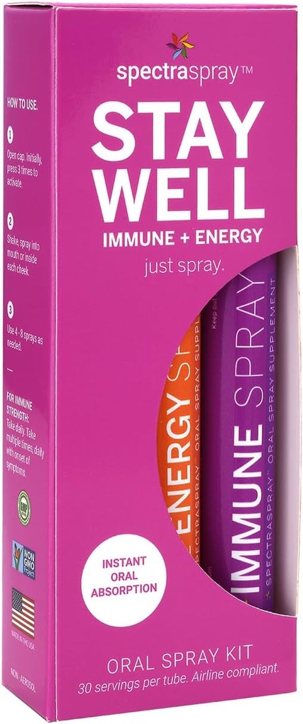 Spectraspray Travel Wellness Stay Well Kit - Immune Support &amp; B12 Vitamin Oral Sprays Rapid Immunity Boost " Active Form of B12 for Recovery " Energy, Vegan " Gluten Free, 30 Day Supply per Spray