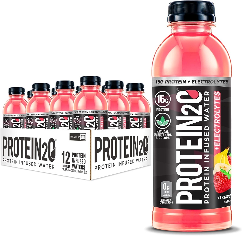 Protein2o + Electrolitos, Bajo Calorie Protein Agua Infundada, 15g Whey Protein Isolate, Strawberry Banana, 16.91 fl oz (paquete de 12)