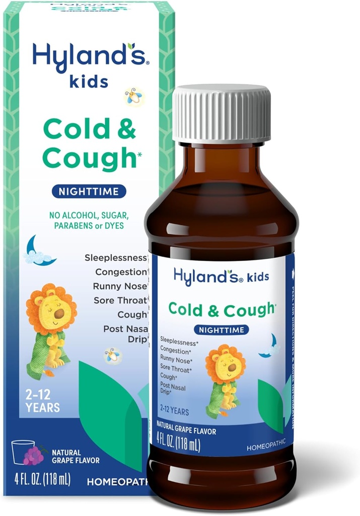 Hiland's Kids Cold and Cough, Nighttime Grape Flavor Cough Syrup Medicine for Kids Ages 2 and up, Decongestant, Sore Throat, and Sleeplessness Relief of Common Cold Symptoms, 4 Fl Oz