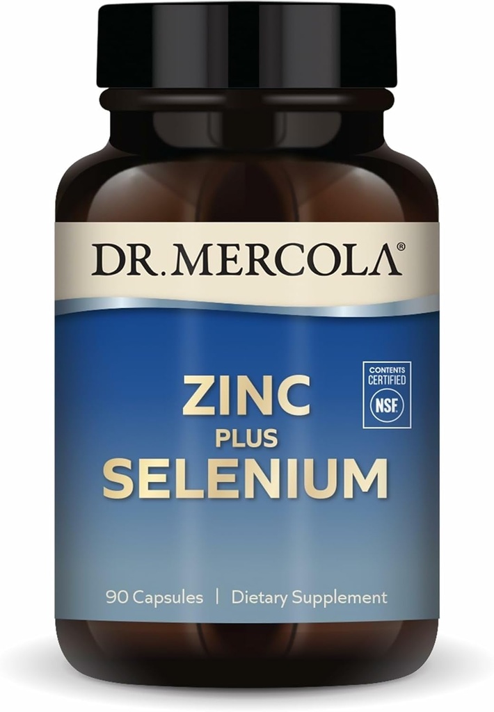 Dr. Mercola Zinc Plus Selenium - Mineral Blend Supplement - for Immune, Brain &amp; Respiratory Support - Contiene Zinc Glycinate Chelate & Copper - GMO-Free &amp; Gluten-Free - 90 cápsulas (90 piezas)