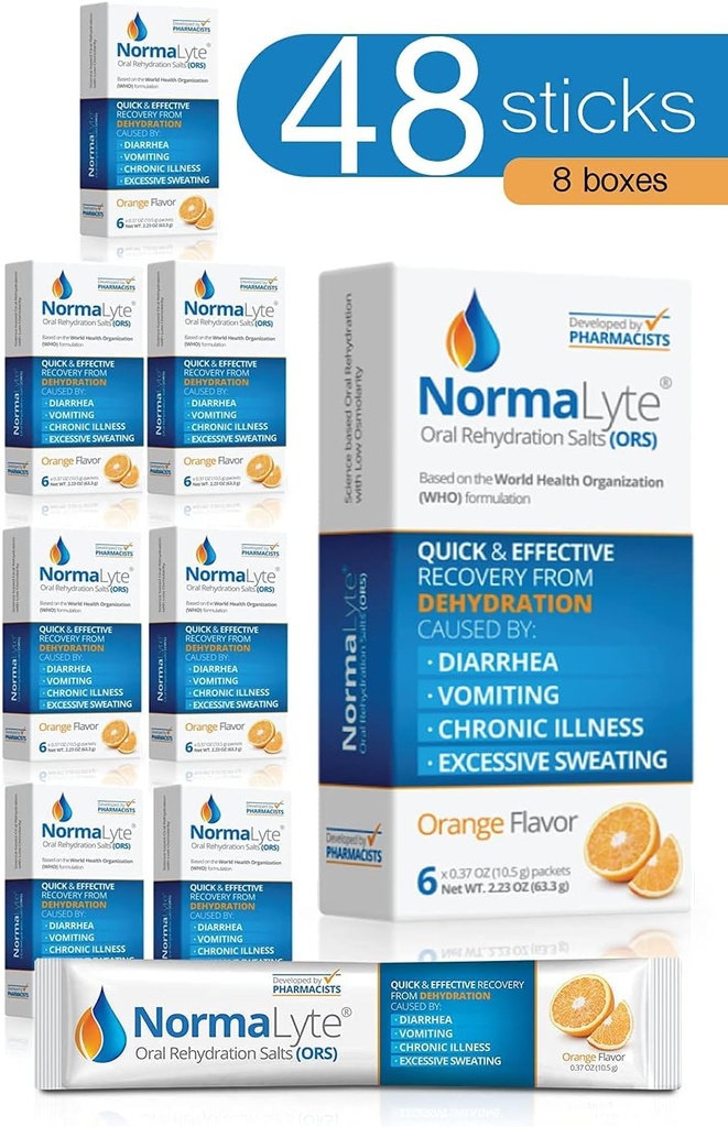 NormaLyte Oral Rehydration Salts-48 Sticks Packs (Yields 500mL por Pack)-Orange WordPress Energy Supplement, Potassium Supplement, Dehydration Recovery y Quick Absorption