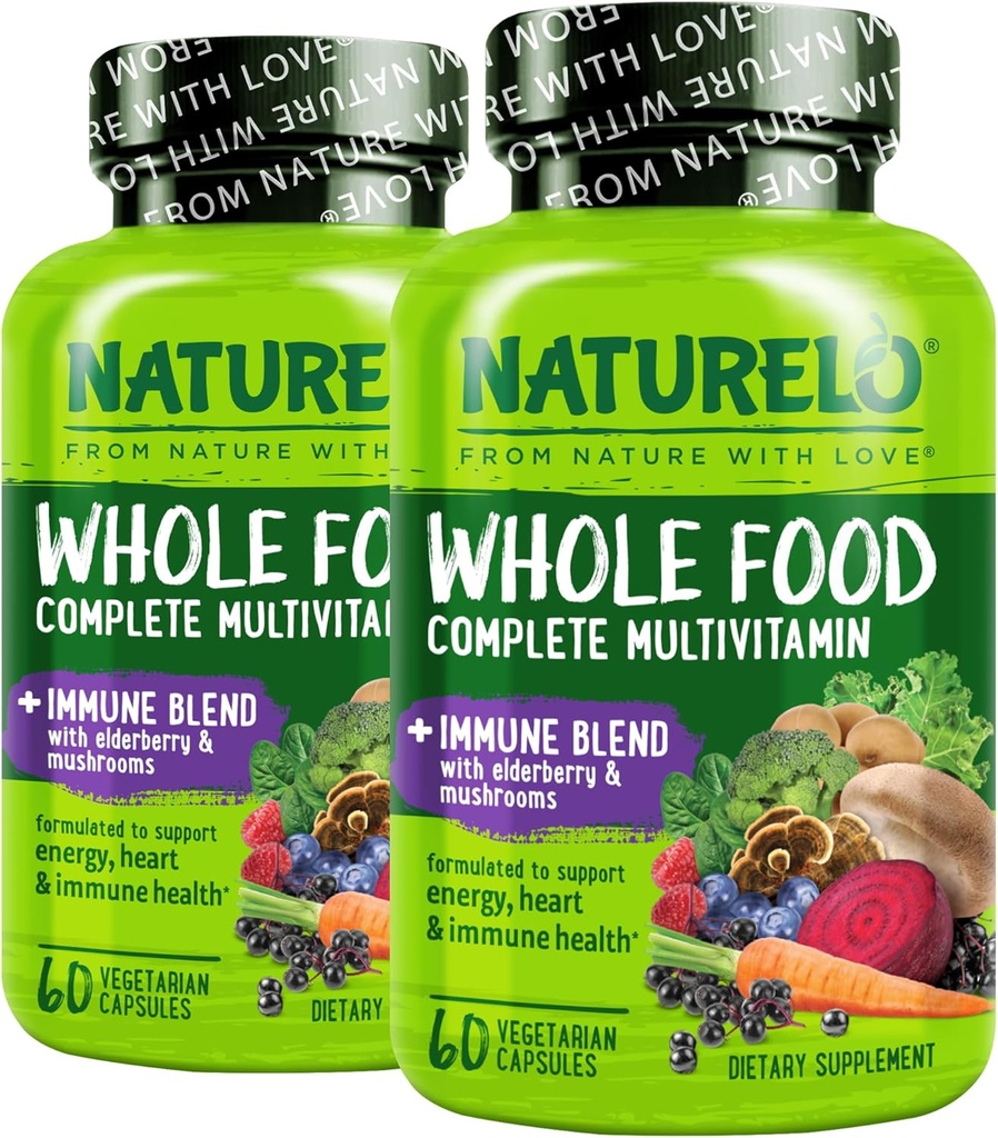 NATURELO Alimento completo Multivitamina + Immune Blend con hongos de Elderberry - Multivitamina completa con soporte extra de inmuno - C, D3, Zinc, Elderberry, Reishi, Shitake, 60 cápsulas Vegan (Pack de 2)
