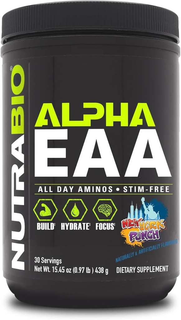 NutraBio Alpha EAA - Aminoácidos de todo el día para el crecimiento muscular y la hidratación - Aminoácidos esenciales con nootrópicos " Adaptógenos- Espectro completo EAA BCAA Powder - 30 Servings - Nueva York Punch