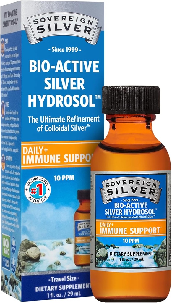 Soberana Silver Immune Support - Colloidal Silver, Bio-Active Silver Hydrosol, 10 ppm, Liquid Twist Top, Tamaño de viaje, 1 Fl Oz, (29 mL)