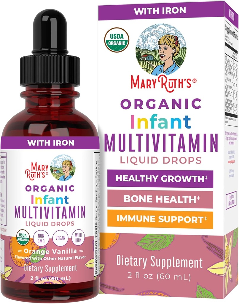 MaryRuth Organics Multivitamin with Iron for Infants Silencio USDA Orgánica ← Liquid Drops for Babies 6-12 Meses Silencioso Apoyo &amp; Bienestar general ← Vegan ← Non-GMO  Gluten Free ← 2 Fl Oz