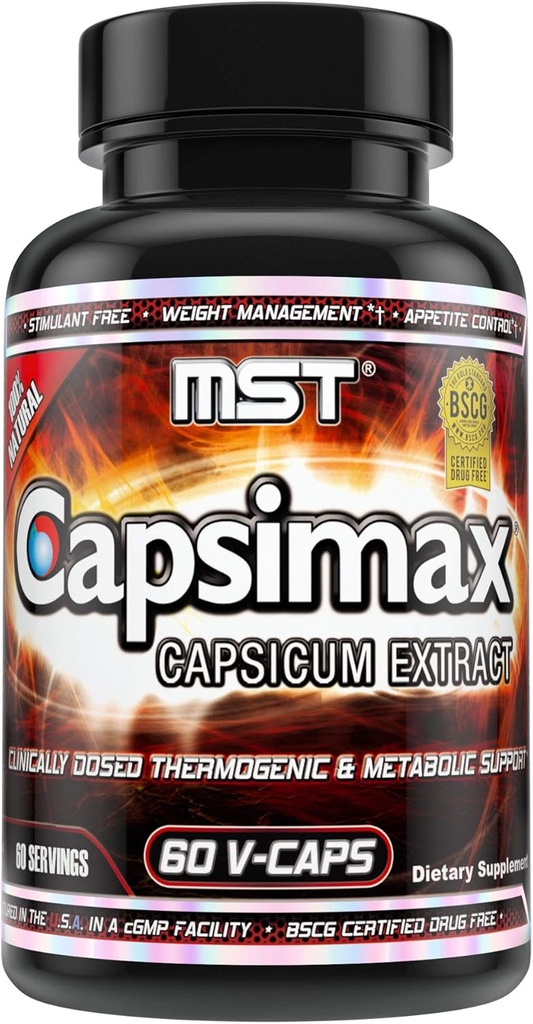 MST Capsimax Suplemento 100mg V Cápsulas, 60 Serviciones Gestión de peso clínicamente dosificado, termogénico, control de repetición, calorie Burning, salud metabólica, estimulante libre.