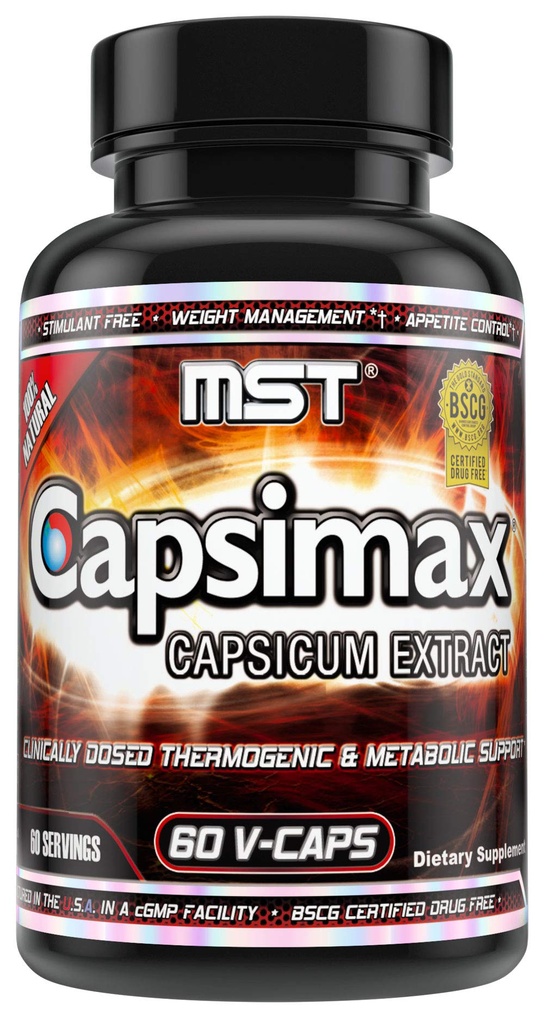 MST Capsimax Suplemento 100mg V Cápsulas, 60 Serviciones Gestión de peso clínicamente dosificado, termogénico, control de repetición, calorie Burning, salud metabólica, estimulante libre.