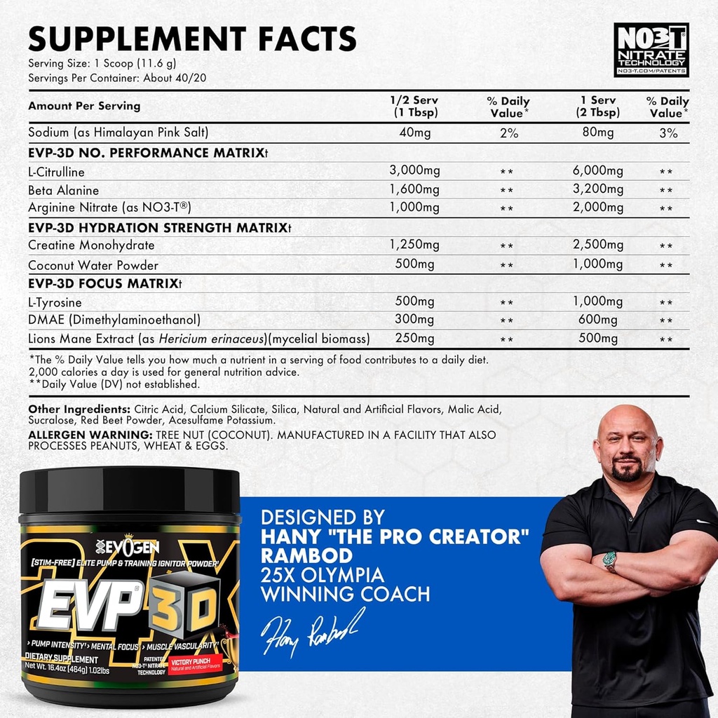 Evogen EVP 3D - Estim Free Pre Workout Powder para Hombres &amp; Mujeres ← Sugar Free Non Stim Preworkout with Beta Alanine and Creatine for Energy &amp; Pump ← Victory Punch ← 40 Servings