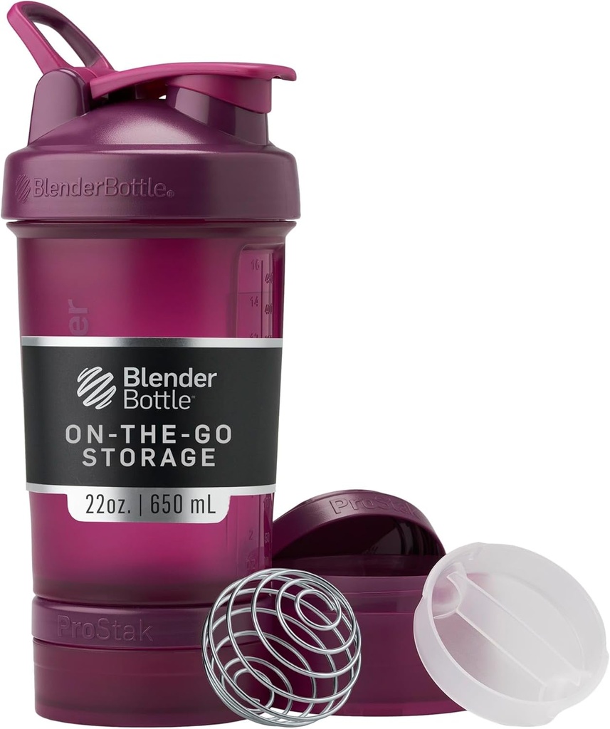 BlenderBottle Shaker Bottle con Organizador de Píldoras y Almacenamiento para Protein Powder, Classic V2 ProStak System, 22-Ounce, Plum