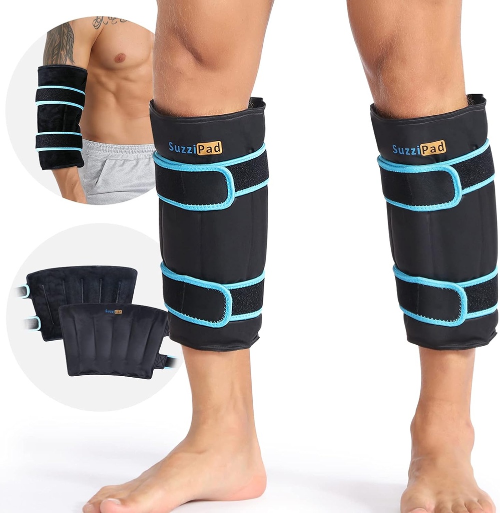SuzziPad 360° Cold Pack for Calf, Shin, Arm &amp; Elbow – Ice Wrap with Dual-Cover Design, Adjustable Velcro Straps, Leakproof & Reusable Cold Compress for Post-Workout Recovery (2 Packs), Black