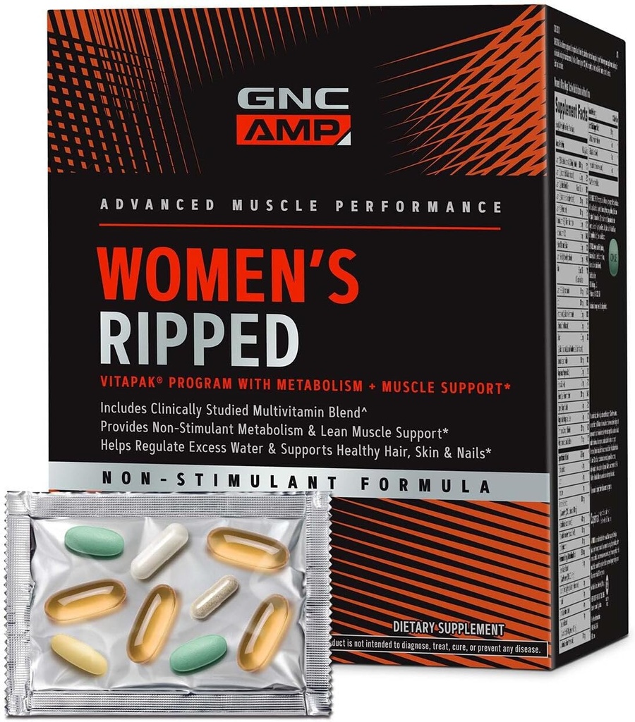GNC AMP Programa de Vitapak No Estim, 5 Productos en 1 paquete de vitaminas, metabolismo &amp; Lean Muscle, recubrimientos de agua, ingredientes provenientes, CLA, Biotina, Multivitamina, Caffeine Free, 30-Day Supply