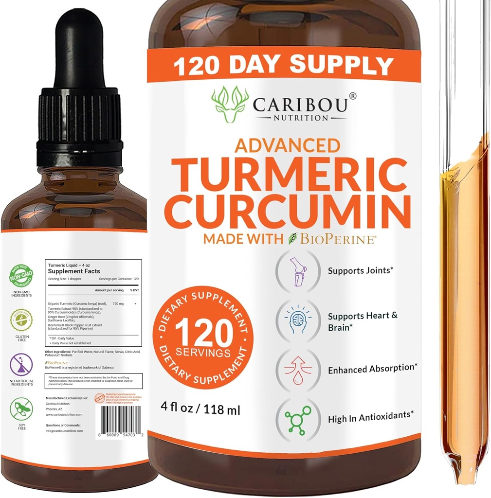 Curcumina líquida con bioperina para absorción mejorada - Suplemento de la Curcumina Turmérica para soporte conjunto - Extracto Turmérico con pimienta negra - 2 Month Supply - 4oz