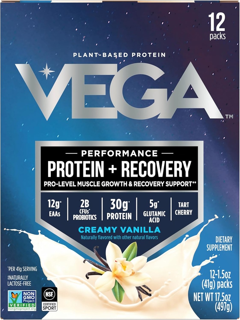 Vega Protein + Recuperación - 30g Proteína de base vegetal por servicio, vainilla, 12 x 1.6oz Sachets, 5g BCAAs, Probióticos, NSF certificado, Para Shakes & Smoothies, (Packaging May Vary)