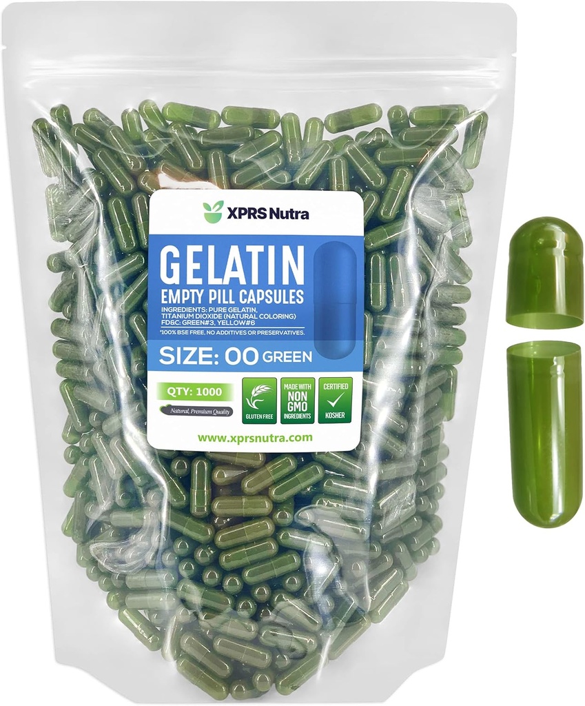 XPRS Nutra Size 00 Empty Capsules - 1000 Count Empty Gelatin Capsules - Pills DIY Capsule Filling - Fillable Pill Gel Caps for Do-It-youself Supplements (Green)