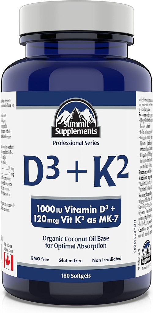 Suplementos de la Cumbre - Vitamina D3 K2, 180 Softgels - Formulado para ayudarle a mantener los huesos saludables, dientes y músculos - Apoyo corporal Absorción de calcio y reducir el riesgo de fracturas