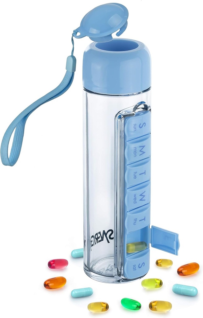 Synergy Water Bottle & Pill Organizer - Contenedor de almacenamiento de viajes para agua, jugo, vitaminas - Portable 7-Day Pillbox - para exteriores, gimnasio, viajes - Easy Carry Strap - BPA Free Plastic - 400ml (Blue)