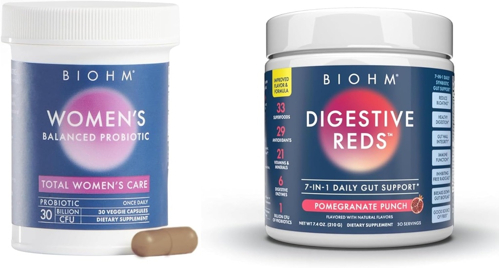 BIOHM Probióticos femeninos 30B CFU &amp; 210 oz Esencial Digestivo Rojos Powder Bundle, Completo Gut & Vaginal Health Support, Rich in Antioxidants, Enzymes, Vitaminas