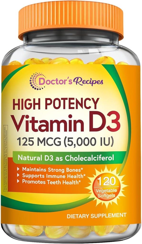 Recetas del Doctor Vitamina D3 5000IU, Soporte Inmunitario para Huesos, Dientes y Función Inmunitaria, No GMO, No Gelatina, Gluten o Soy, 120 Softgeles Vegetarianos