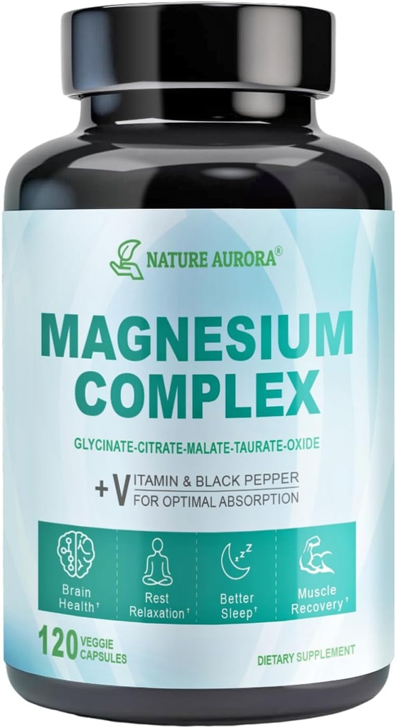 Suplemento Complejo de Magnesio - Glycinate de Magnesio Chelatado, Citrato, Taurate, Malate, Oxide Capsules - Magnesio de alta absorción para el sueño, calambres de las piernas, alivio muscular, 400 mg, 120 cápsulas de verduras