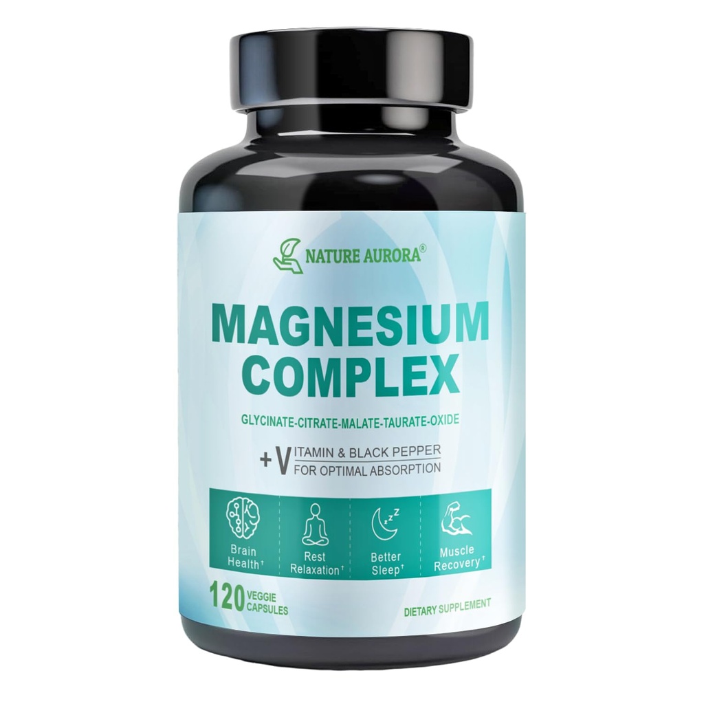 Suplemento Complejo de Magnesio - Glycinate de Magnesio Chelatado, Citrato, Taurate, Malate, Oxide Capsules - Magnesio de alta absorción para el sueño, calambres de las piernas, alivio muscular, 400 mg, 120 cápsulas de verduras
