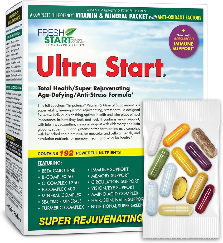 Ultra Start Full Daily Vitamin Pack ← Anti-Aging, Stress Support, Immune Booster ← Vitamina A, B, C, D, E, Biotin, Minerals, Elderberry, Beta Glucans, Mushrooms, Amino Acids, Turmeric (30 Packets)