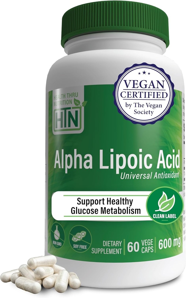Salud Thru Nutrition Alfa Lipoic Acid 600mg 60 Servings ← Certified Vegan ← Universal Antioxidante Silencio No-GMO, 3er Parte Tested, Hypoallergenic, Gluten Free, Soy Free ALA Capsules