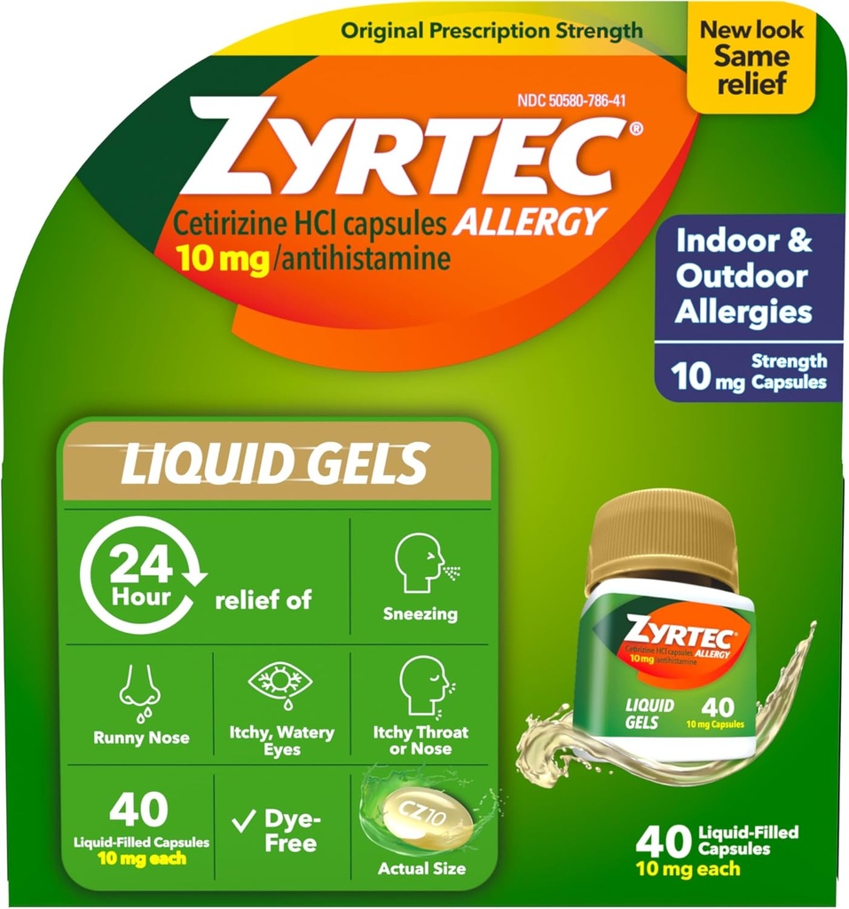 Zyrtec 24 horas Alivio de la alergia Pulmones líquidos, antihistamínicos cápsulas con Cetirizine HCl Alergía Medicina para Alivio de Todos los Días de Runny Nose, Sneezing, Itchy Eyes &amp; Más, 40 Cuenta
