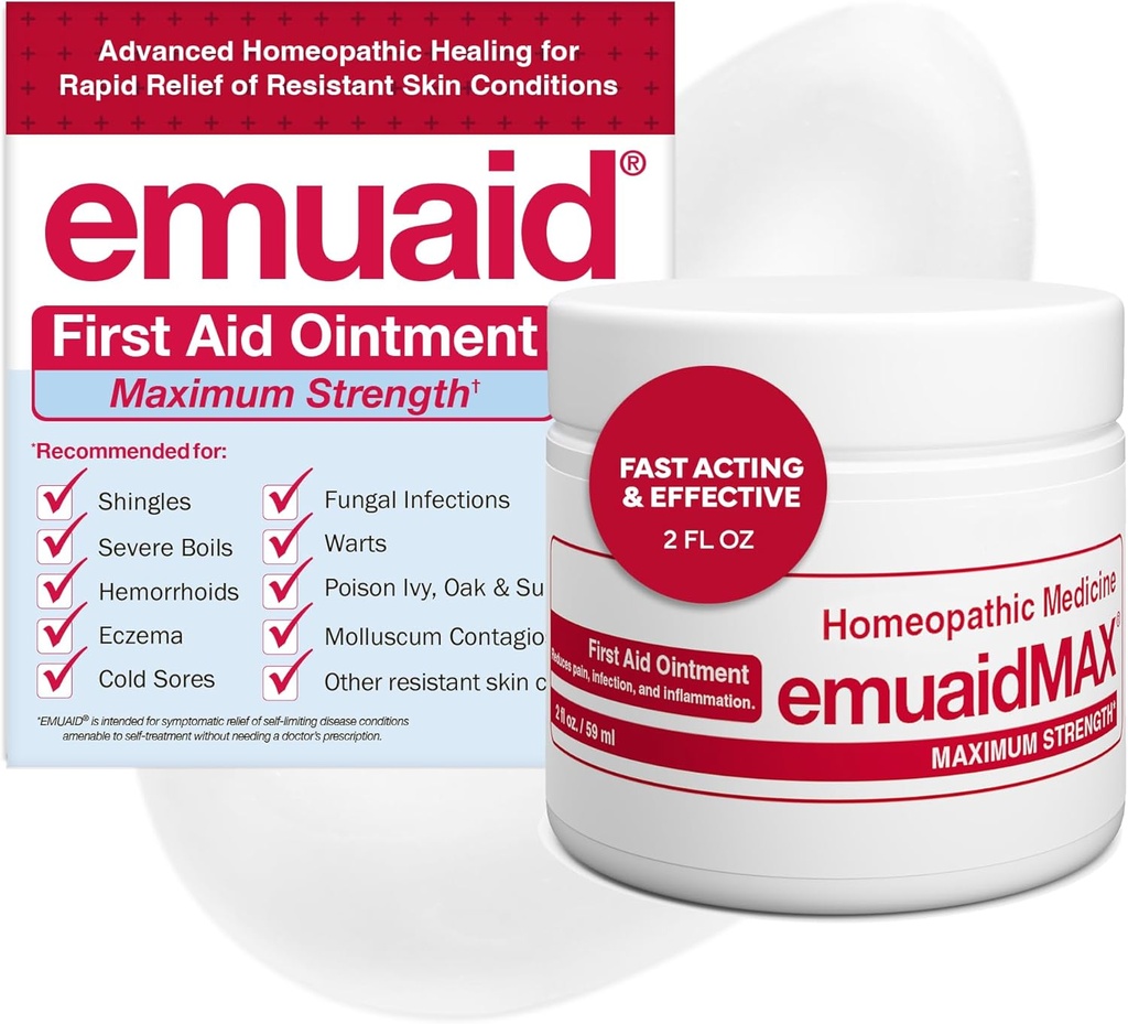 Emuaid EMUAIDMAX Ungüento para la piel picante, Tratamiento de fuerza máxima para el pie de atleta, la psoriasis, Jock Itch, Rash, Eczema, Sores fríos, ampollas y la infección por levadura 2oz