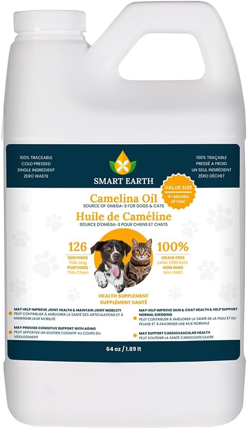 Smart Earth Camelina Oil for Dogs - Omega 3, 6, 9 Suplemento para la piel sana, la carne brillante &amp; las articulaciones flexibles - Dog Joint Suplemento - Natural Canine Wellness - Omega 3 for Dogs (Pump Included - 64oz)