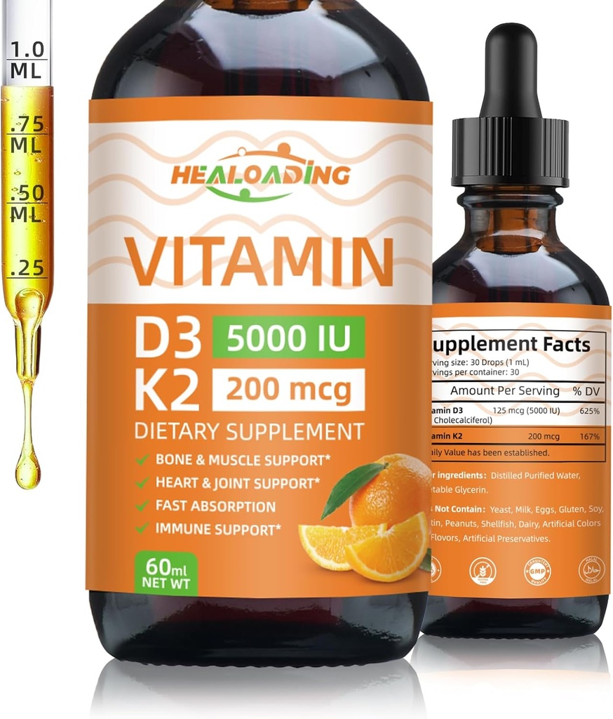 Vitamina orgánica D3 + K2 gotas: 5000 UI Planta-Basada D3 & 200mcg K2 Suplementos líquidos ← Absorción rápida para el soporte inmunológico, Bone Health & Heart Care Ø Vegan, Non-GMO (30ml)