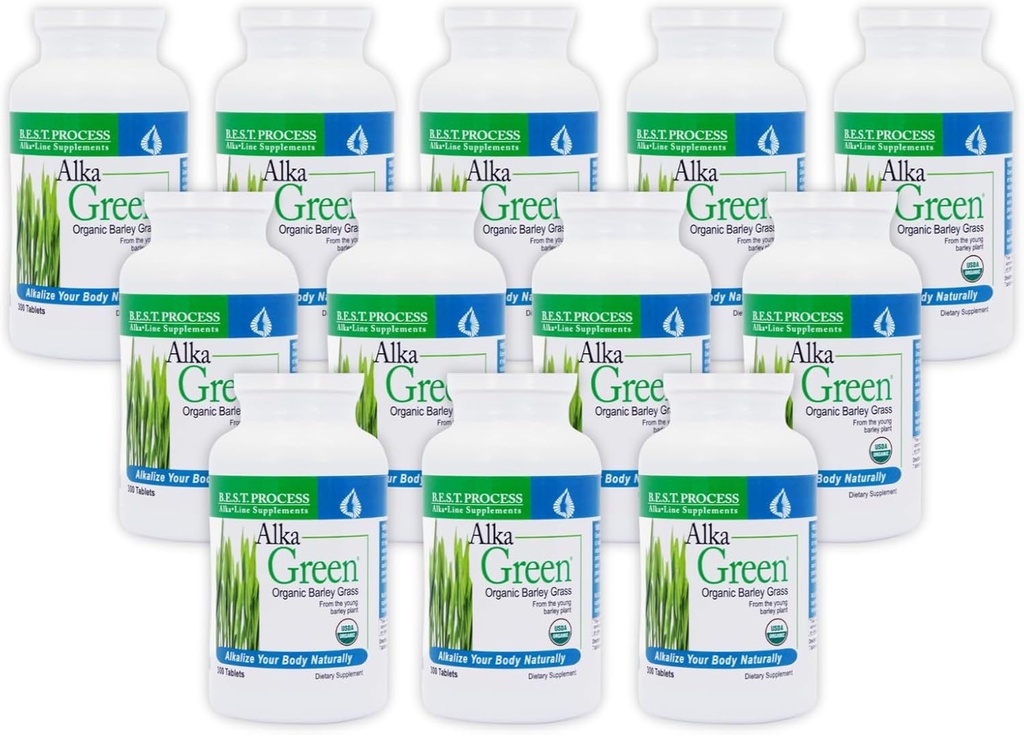 Alka•Láminas verdes (12 Pack) Mejor proceso Alkaline — Nutrient Dense Organic Barley Grass Suplemento — Fuente natural de Enzymes " Aminoácidos