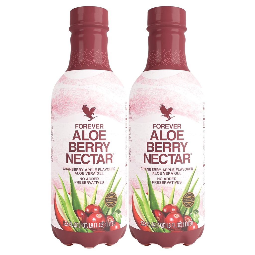 Forever Living - Aloe Berry Nectar - 90.7% Pure Aloe Vera Gel with Cranberries and Apples - No Preservatives - 1L (Pack of 2)