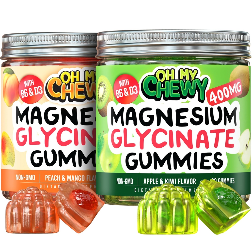 Magnesium Gummies Bundle – 2 Botellas (60 Cada uno) – Apple Kiwi & Peach Mango