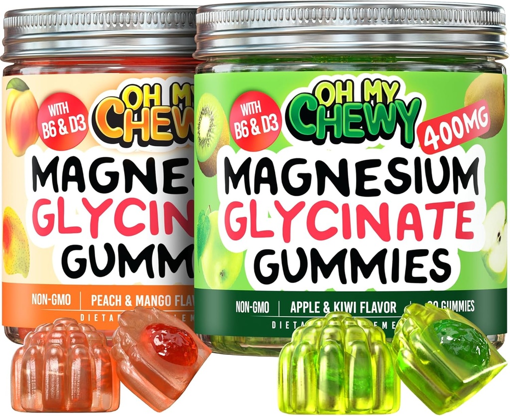 Magnesium Gummies Bundle – 2 Botellas (60 Cada uno) – Apple Kiwi & Peach Mango