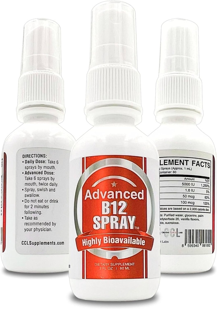 Vitamina B12 Power Spray, Methylcobalamin con complejo líquido sublingual de ácido fólico para Focus, " Metabolismo, Nano Technology Instant Absorption and Custom Dosage (2 oz - 60 Servings)