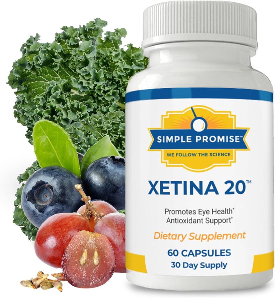 Promesa simple - Xetina 20TM Lutein y Zeaxanthin Suplementos - Apoyo esencial para la salud de los ojos con vitaminas E, Eyebright, Zinc, Grape Seed Extract, Rutin & Bilberry - 60 cápsulas