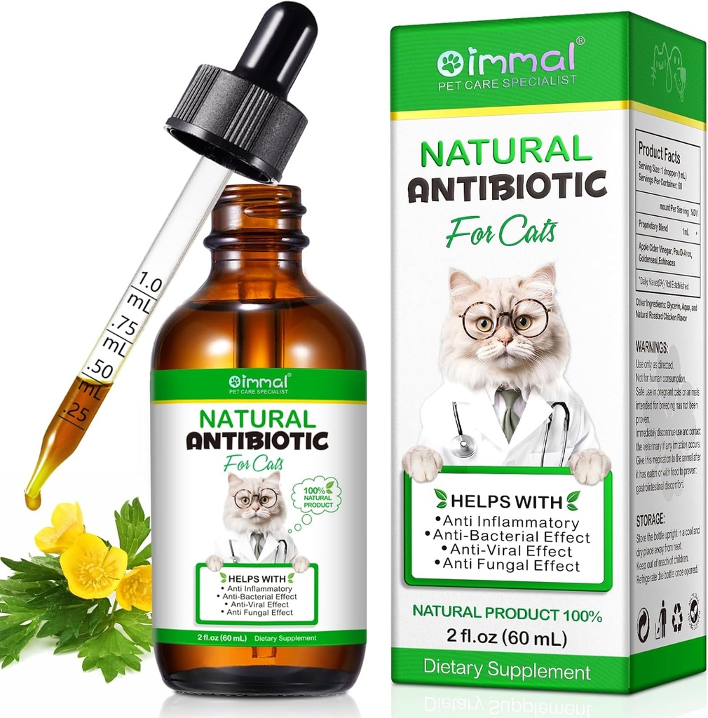Antibióticos para gatos, antibióticos de gatos Premium Supplemen, antibiótico natural para gatos, suplementos de mascotas, antibióticos de gatos Apoyos Alivio de alergia de los gatos, gatos multivitamina - 2 Fl Oz / 60ML