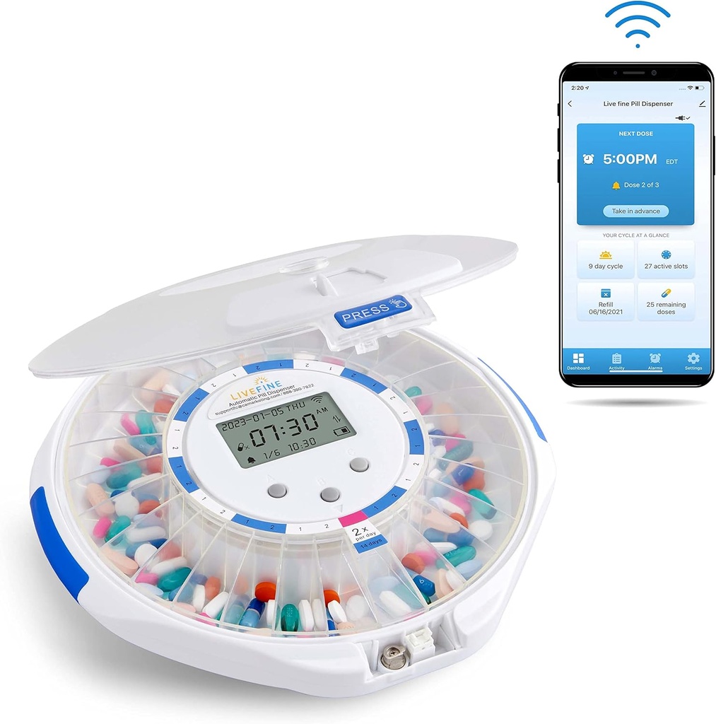 Live Fine Smart WiFi Dispensador automático de píldoras Frosted Lid ← 28-Day Medication Organizer Hasta 9 dosis por día para la vigilancia de la atención con llave de bloqueo, Alarmas de luz / sonido para las recetas & vitaminas