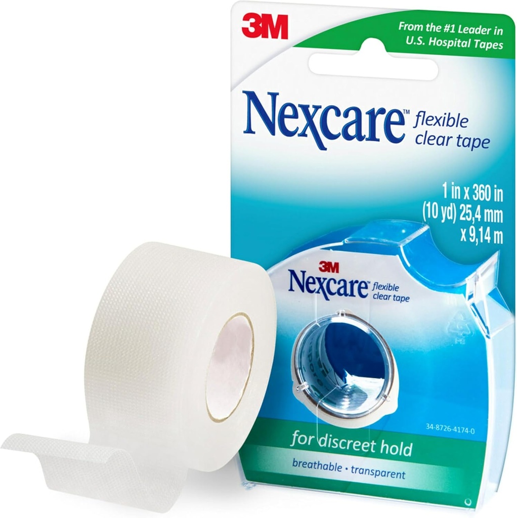 Tapa limpia flexible de Nexcare, Tapa médica transparente impermeable, seguridad de los apósitos y catéter - 1 En x 10 Yds, 1 rollo de cinta