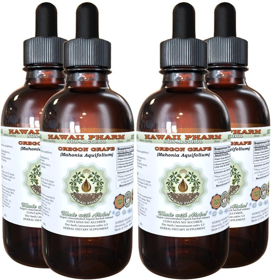 Hawaii Pharm Oregon Grape Alcohol-Free Liquid Extract, Oregon Grape (Mahonia acufolium) Dried Root Glycerite Natural Herbal Supplement, USA 4x4 fl.oz