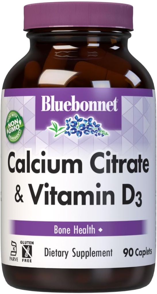 Bluebonnet Nutrition Calcium Citrate &amp; Vitamin D3, Bone Health*, Non-GMO, Kosher Parve, Gluten-Free, Soy-Free, 90 Caplets, 22.5 Serviciones