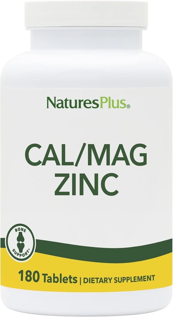 NaturesPlus Cal/Mag/Zinc - 1,000 mg Calcio, 500 mg Magnesio, 75 mg Zinc - 180 Tablas Vegetarianas - Suplemento Mineral Multi, Apoyo Hueso, Corazón & Immune Salud - Gluten-Free - 45 Serviciones