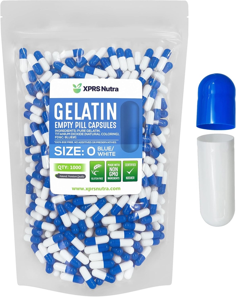 XPRS Nutra Size 0 Empty Capsules - 1000 Count Empty Gelatin Capsules - Pills DIY Capsule Filling - Pure Bovine Pill Gel Caps for Do-It-youself Supplements (Blue/White)